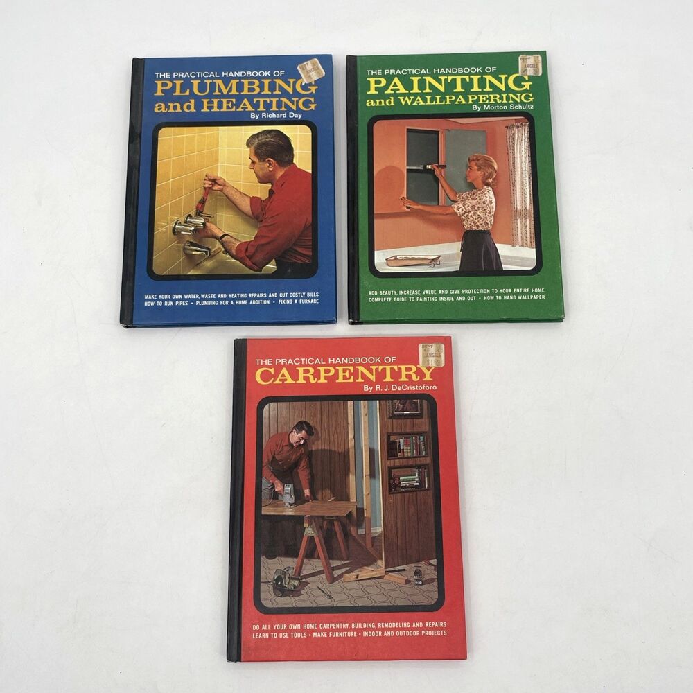 3 Vintage Practical Handbook Books Plumbing Painting Carpentry 1969 Fawcett HC